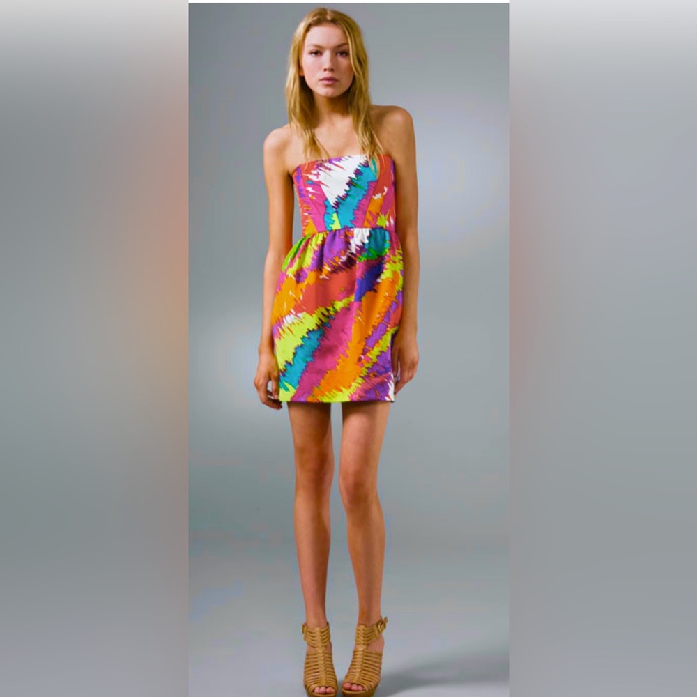 Shoshanna Color Bright Spilled Paint Strapless Tulip Mini Dress Silk Blend